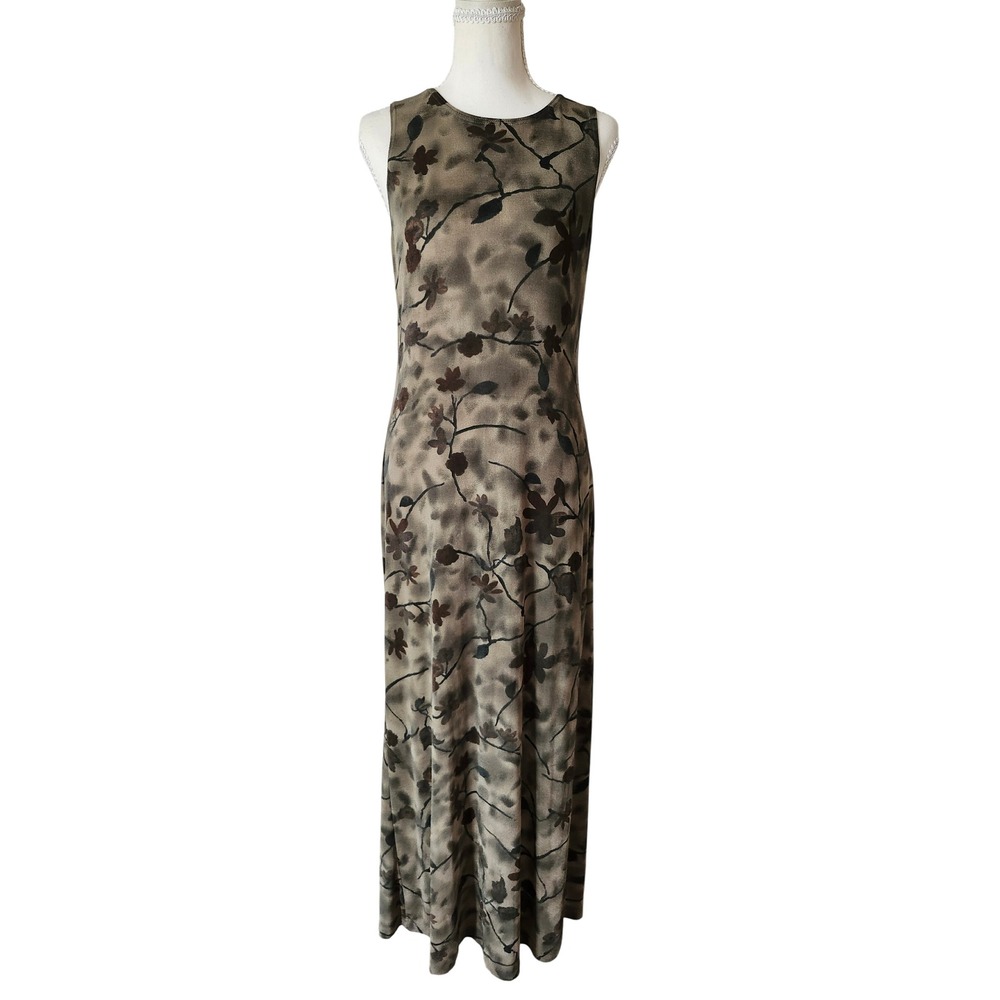 Vintage 90s Floral Maxi Dress Sleeveless Grunge Whimsygoth Slinky Green Brown